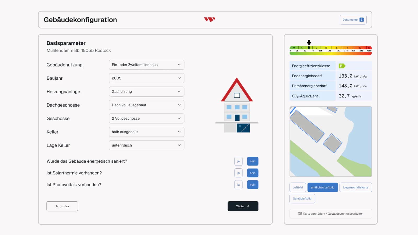 EnergyCheck-Maske: Gebäudekonfiguration mit vorbelegten Daten und Live-KPIs