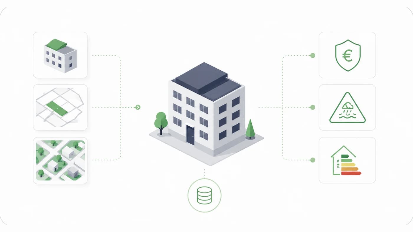 Ein Gebäude wird aus Gebäudemodell, Katasterfläche und Luftbild zusammengeführt und an eine Datenbank angeschlossen. Daraus entstehen drei Ergebnisbereiche: Versicherungswert, Klimarisiko und Energieeffizienz.