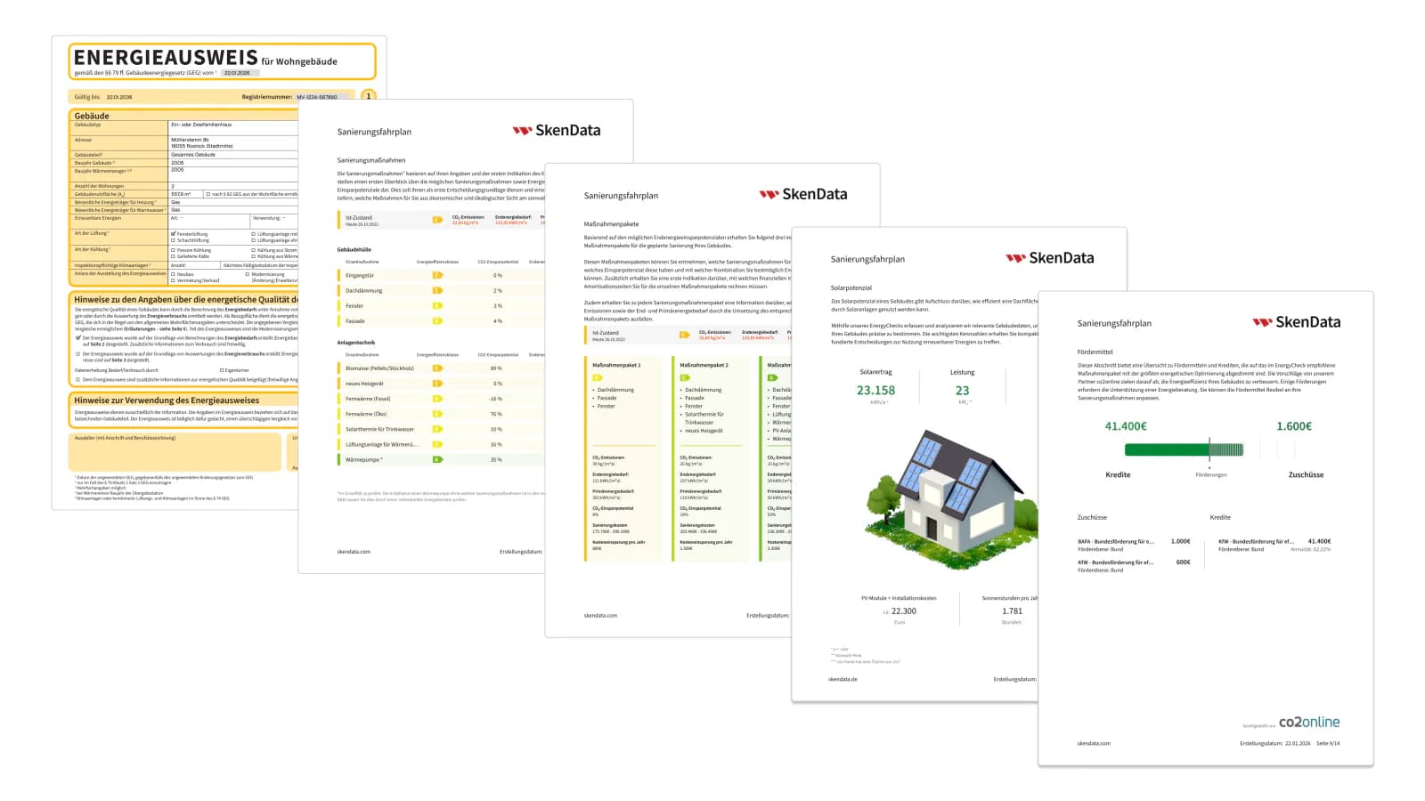 EnergyCheck-Output: Energieausweis, Sanierungsfahrplan, Solarpotenzial und Fördermittel als Dokumente zum Download